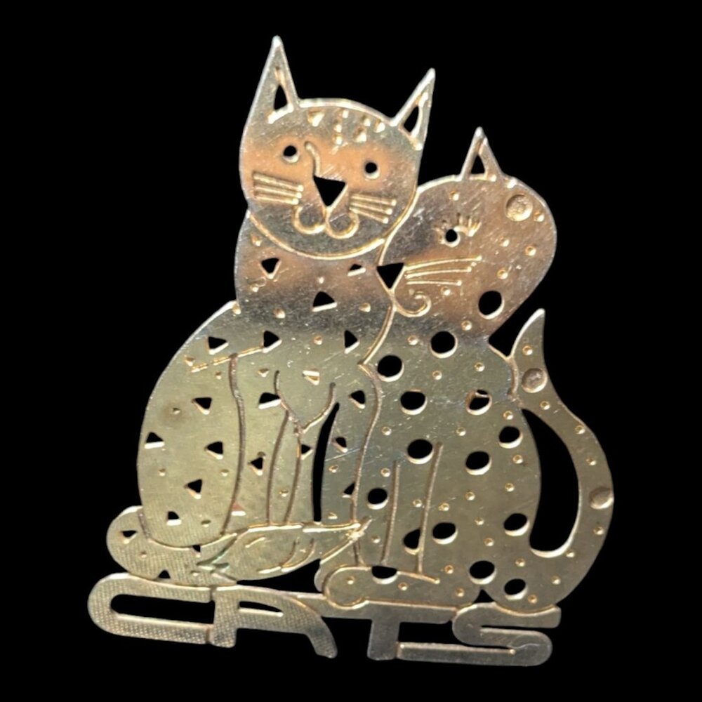 Vintage 1989 Cat Brooch Pin AD Gold Tone Metal Two Cute Cats Lovers Jewelry